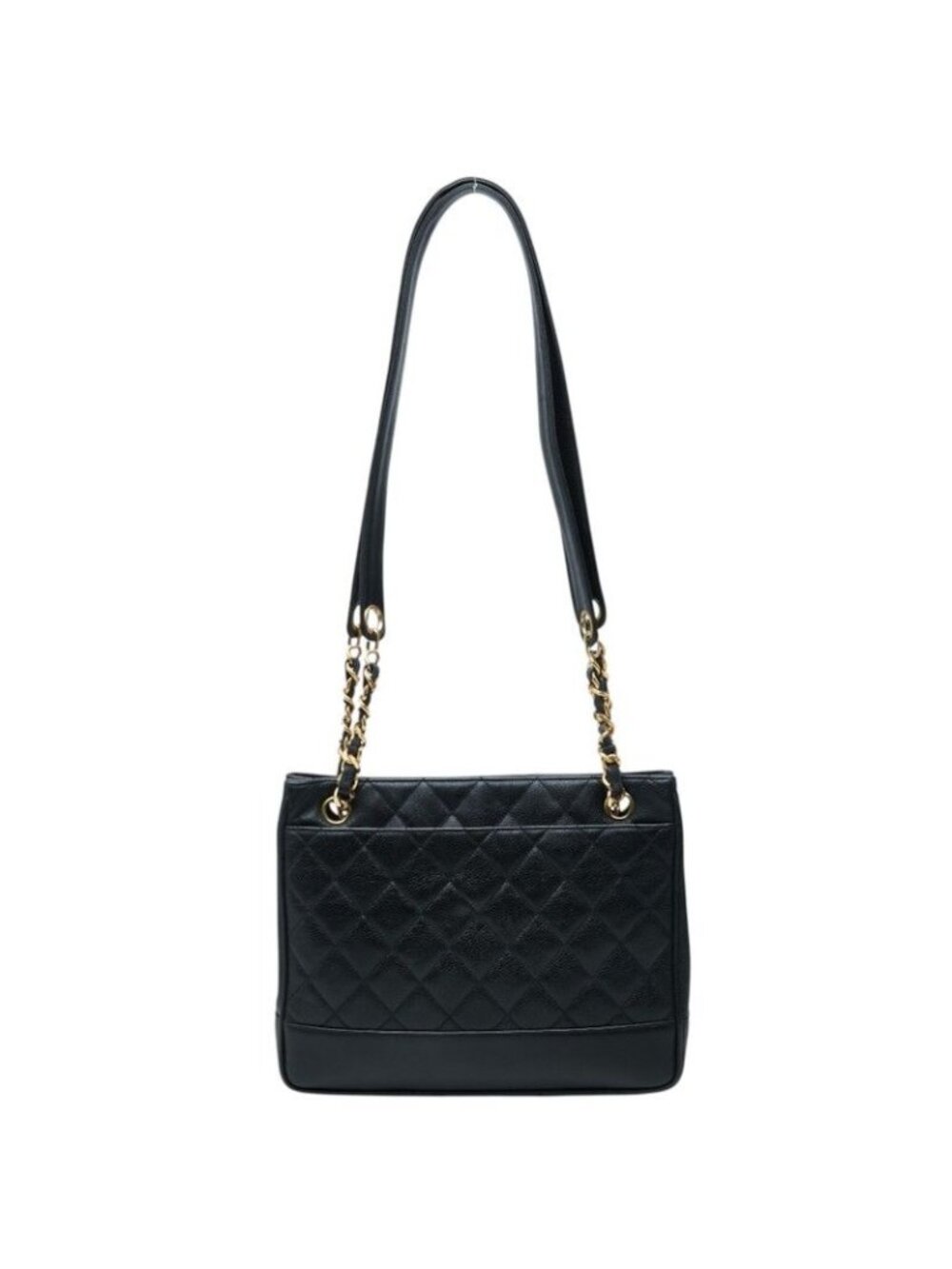 Chanel Quilted Chain Tote Shoulder Bag Black Caviar Leather